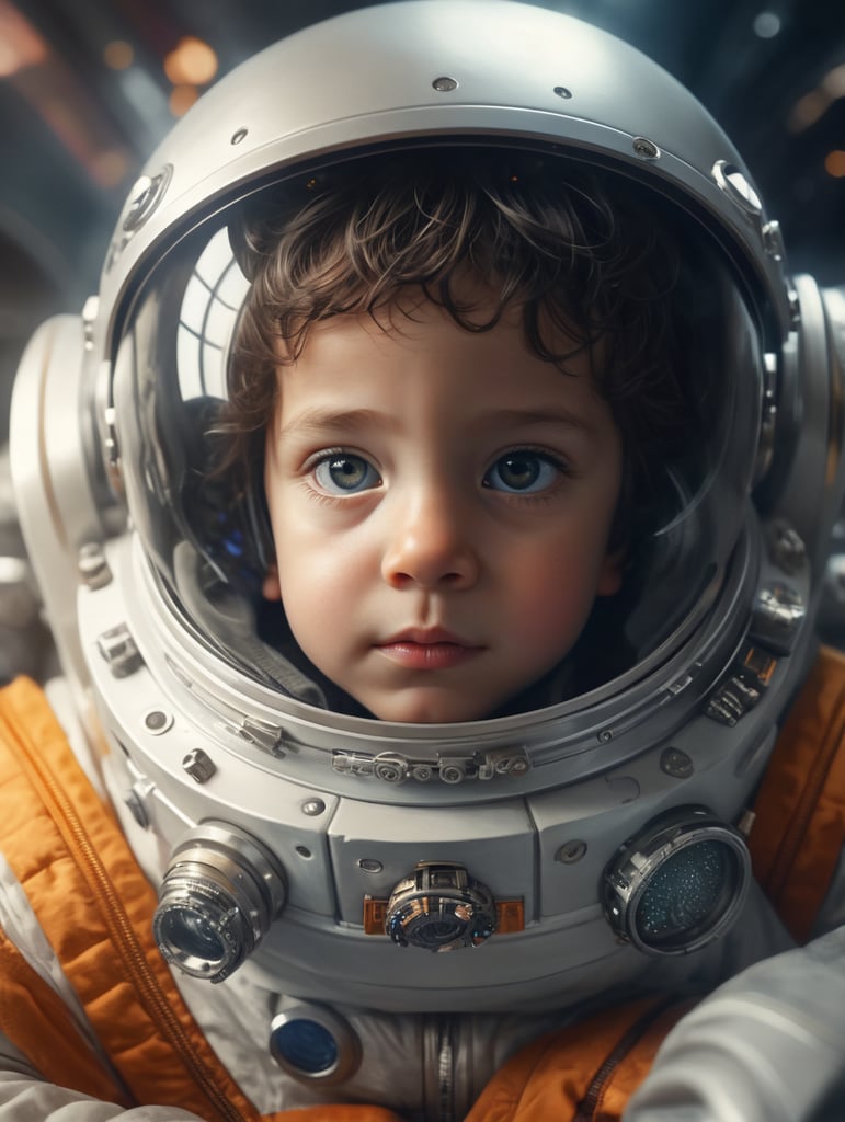 a child in a space suit with a surprised look on his face