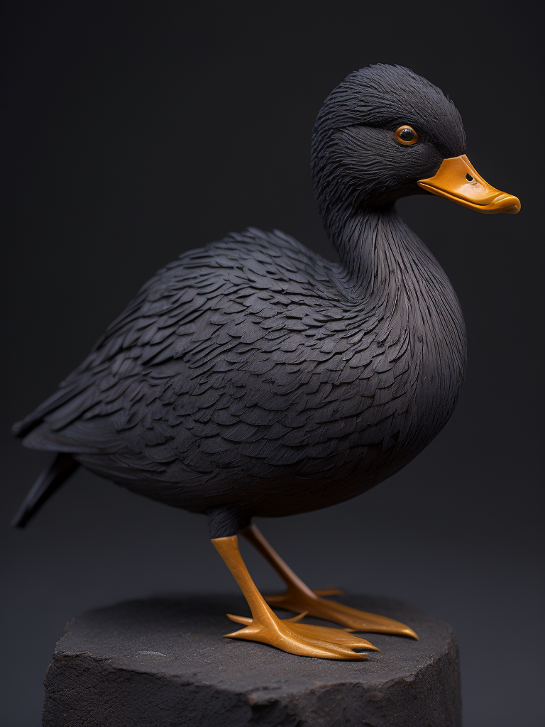 a duck carved from the dark reed wood, detailed, deep carving, handcrafted