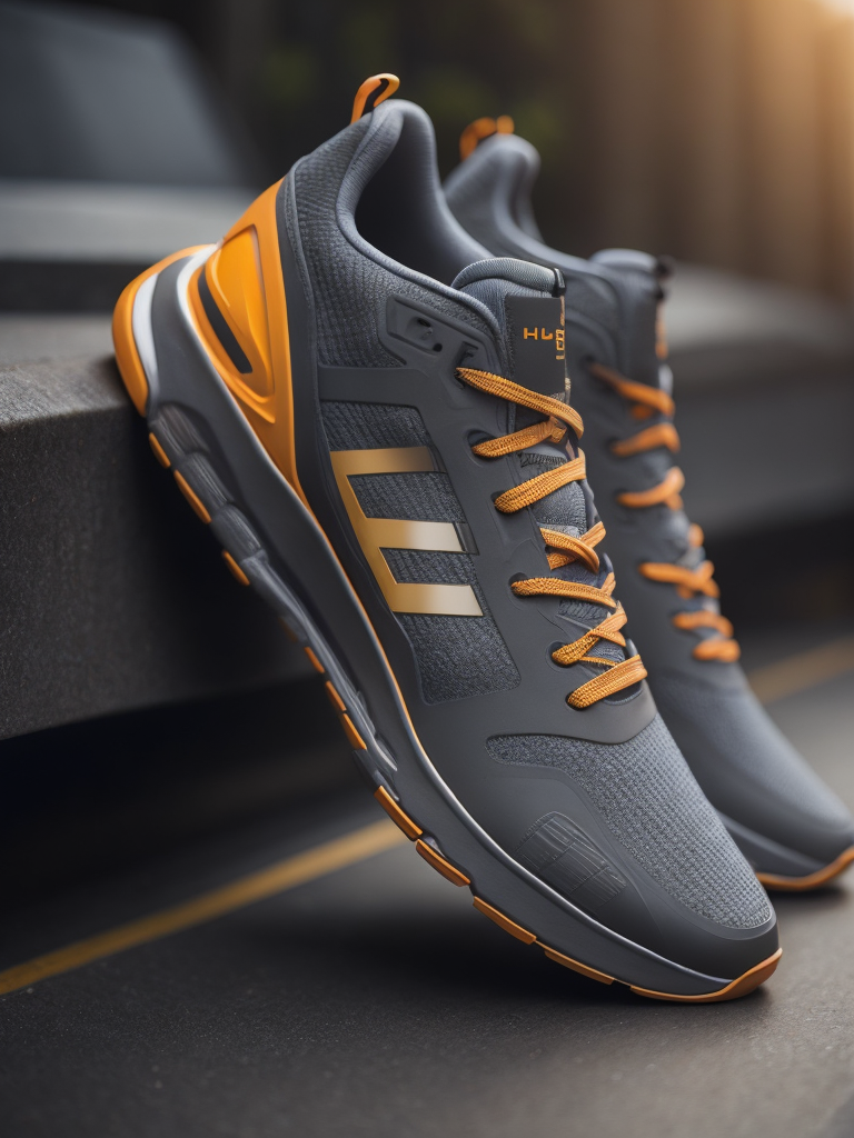 hyper realistic image of hi-tech sports puffy sneakers modern fashion in orange and grey colors, sci-fi, deep atmosphere, saturation, vibrance, sharp on details