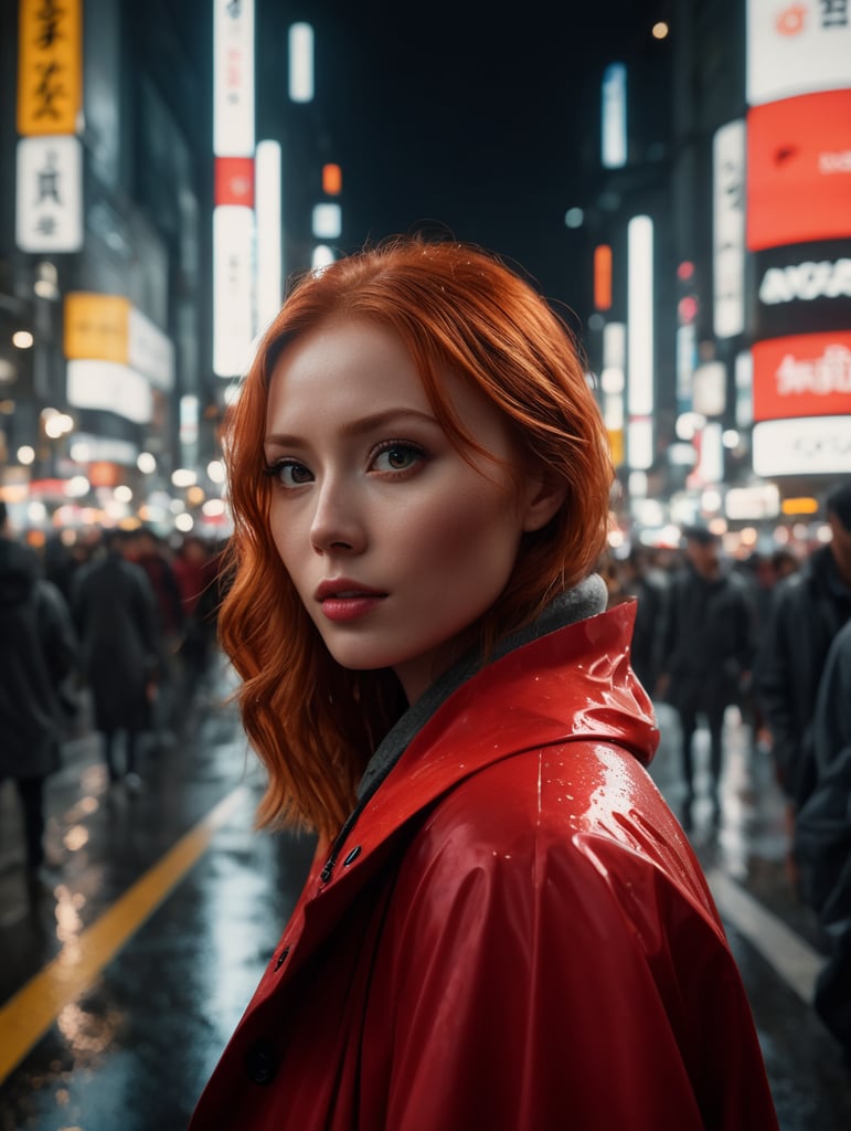 8k photo portrait of a redhead woman in a red raincoat, looking at the camera, at a bustling crosswalk in shibuya at night, highly detailed, vibrant, production cinematic, reflections on wet street, 8k, film grain, 70mm, portra 800