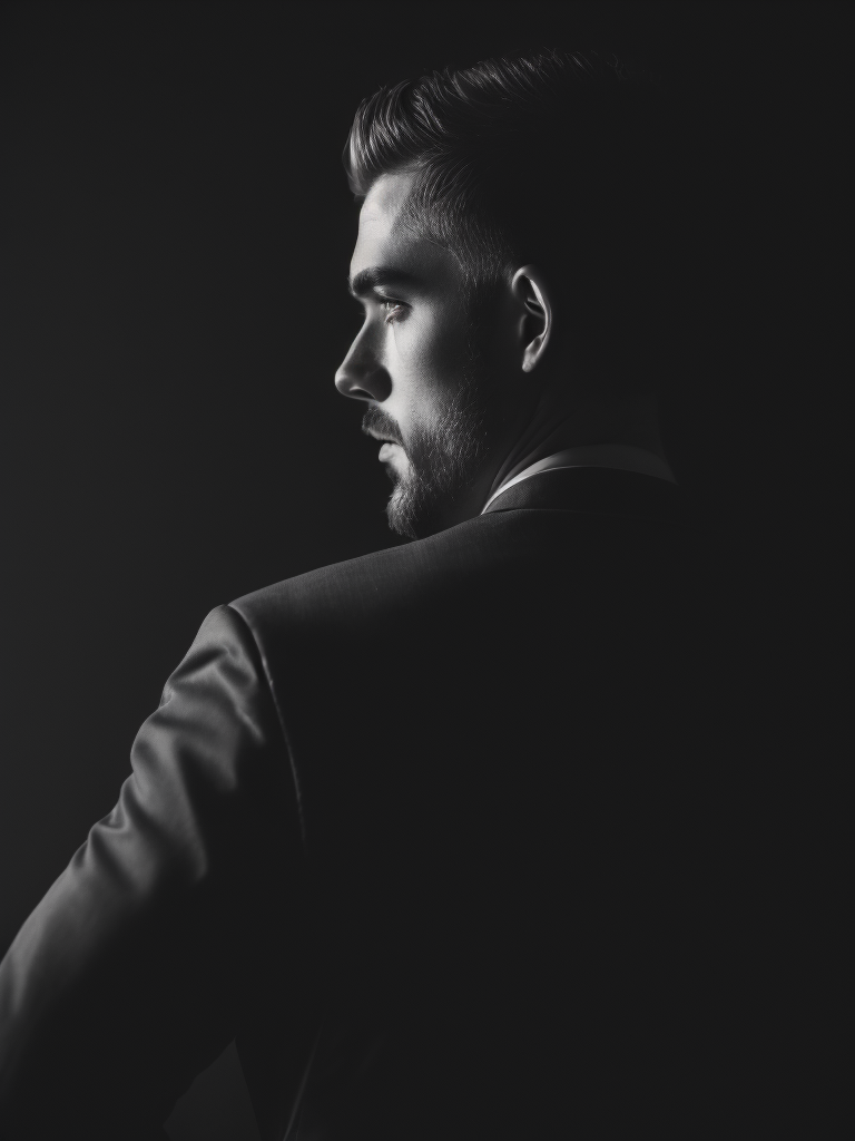 Portrait of a man from behind in backlight, very strong contrast, black and white