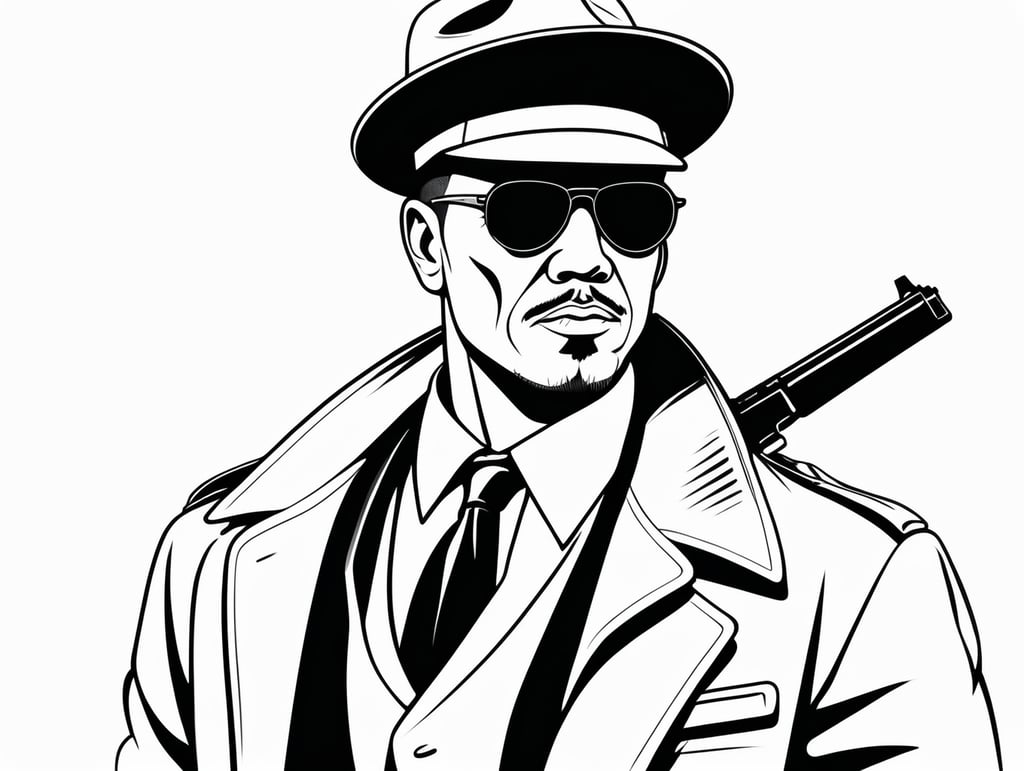 A gangster character, in the style of basic simple line art vector comic art on white background