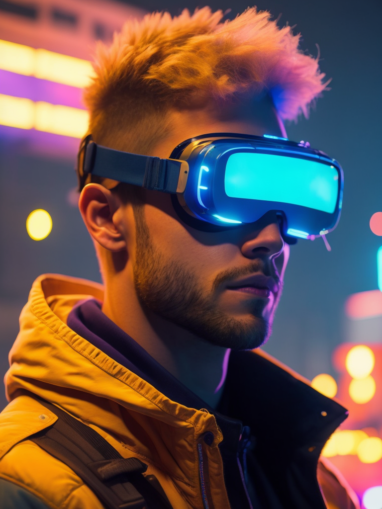 Man wearing virtual reality glasses, cyberpunk style, neon colors, bright colors, bright blue glowing glasses, sharp details, contrasting light