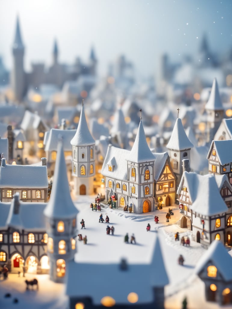 tilt shift photography of a Christmas medieval fantasy miniature city, depth of view, sunny, at night, snowy weather