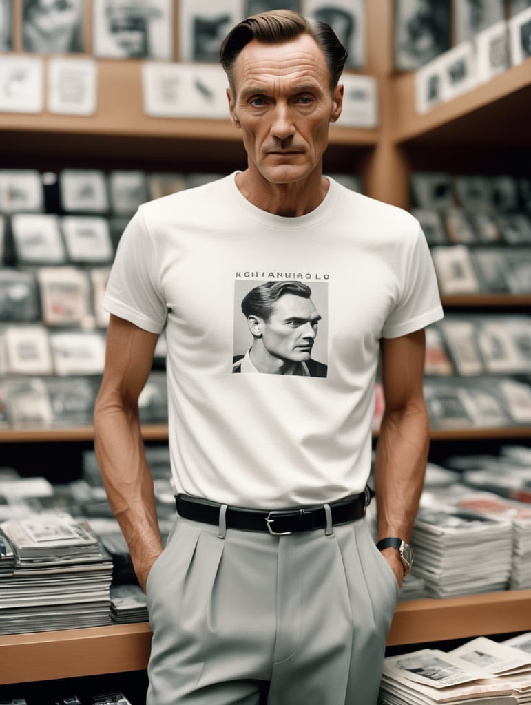 Extremely detailed photographic image, grained image, beautifully composed, monochrome image, 50's fashionable image, fashionable magazine photography, leica summicron 35mm f2.0, kodak 400tx, fashion photography, fashionable model, william s. burroughs, man wearing blank white T-Shirt in Clothing Store Mockup, mock up