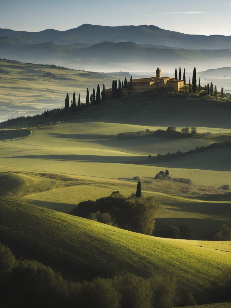 Italian landscape tuscany, photorealistic, serene, peaceful, majestic, high detail, landscape, ultra hd, matte painting, highly detailed, concept art, contrast light, deep colors