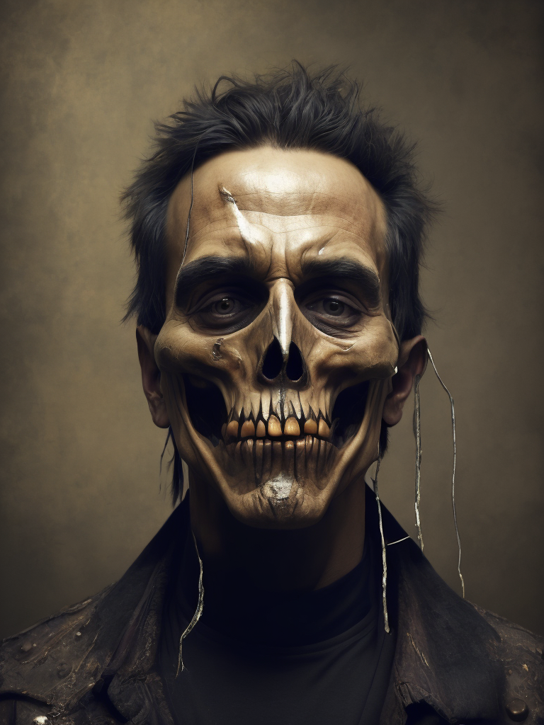 the man with a hollow face and a metallic jaw, in the style of realistic still lifes with dramatic lighting, gothpunk , made of torn latex, dark conplementary colors, photographically detailed portraitures, cynical, macabre, theatrical gestures