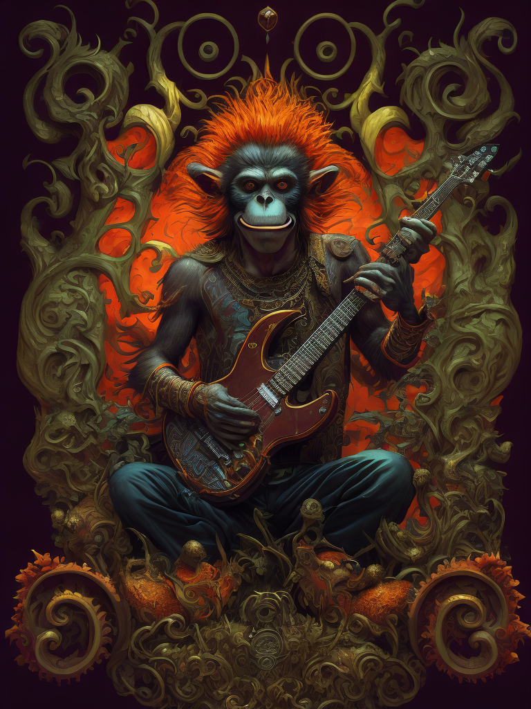 monkey octopus demon playing a heavy metal guitar, made of fractal LSD and rococo DMT, in the style of iconic album covers, style of Robert Williams, Nychos, artofsickness666, extremely detailed, insanely detailed and intricate, hypermaximalist, high detail, concept art