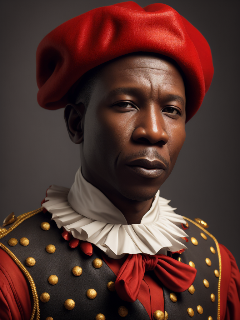 Julius Malema wearing a circus clown outfit with clown make up with a red beret on top of his head