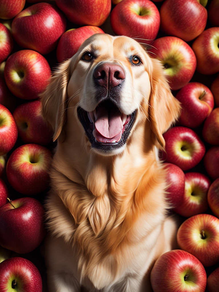 a dog eating an apple from a pile of apples