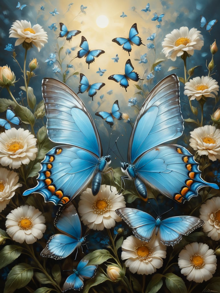 две небесно голубые бабочки порхают над бежевыми цветами. много света, гипердетализация, акцент на деталях, многослойность, много света и струн света. картина маслом
