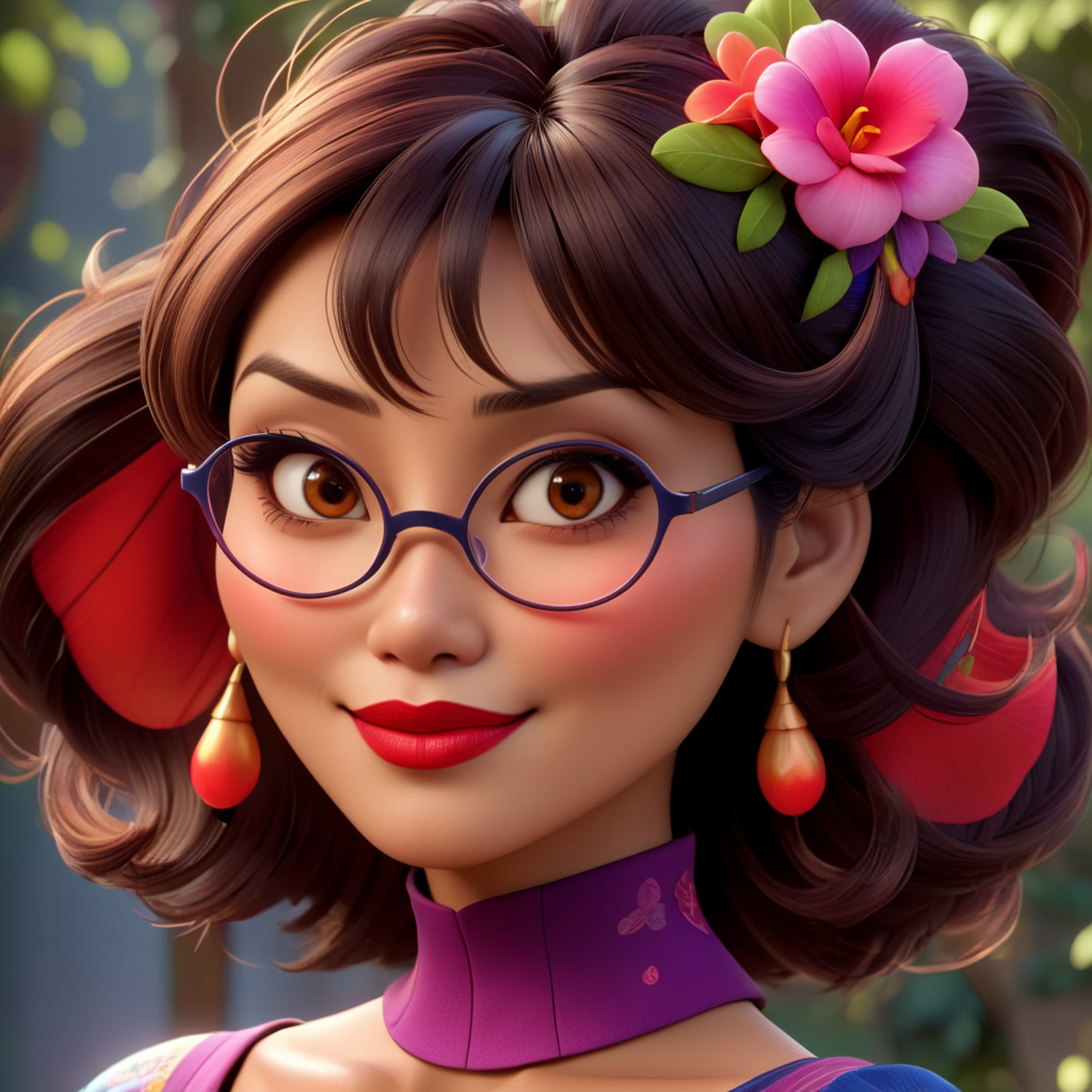 A beautiful Japanese-Brazilian woman, age 42, red lipstick, wearing glasses, brown eyes, shoulder-length dark brown hair, Disney Pixar style