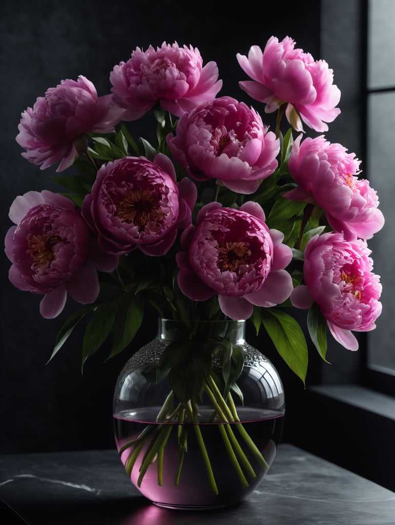 Round transparent glass vase with big bouquet of pink peonies, dark gradient background, sharp focus