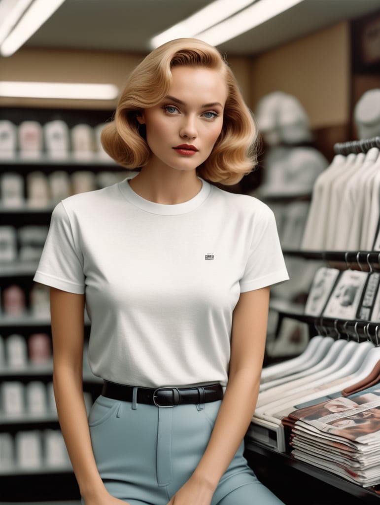 Extremely detailed photographic image, grained image, beautifully composed, monochrome image, 50's fashionable image, fashionable magazine photography, leica summicron 35mm f2.0, kodak 400tx, fashion photography, fashionable model, william s. burroughs, Woman wearing blank white T-Shirt in Clothing Store Mockup, mock up