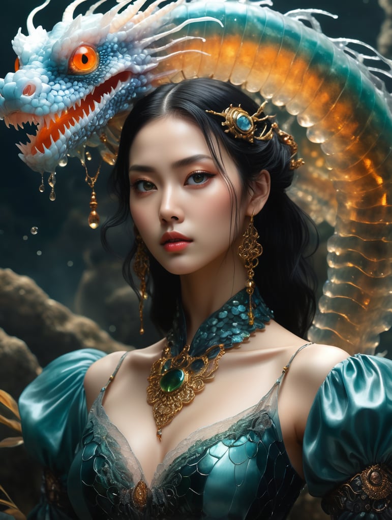 RAW photo, best quality), (realistic, photo-Realistic:1.3), full body, Water dragon, fasterpiece, beautiful and aesthetic, 16K, (HDR:1.4), high contrast, (vibrant color:1.4), (muted colors, dim colors, soothing tones:0), cinematic lighting, ambient lighting, sidelighting, Exquisite details and textures, cinematic shot, Warm tone, (Bright and intense:1.2), ultra realistic illustration,Portrait of a ghostly jellyfish, shiny aura, highly detailed, gold filigree, intricate motifs, organic tracery, by Android jones, Januz Miralles, Hikari Shimoda, glowing stardust by W. Zelmer, perfect composition, smooth, sharp focus, sparkling particles, lively coral reef background, inspired by necronomicon art | botanical art | Egon Schiele | Luis Royo, eye-catching, artistic, ominous colors, masterful shadows, hyper details, hyperrealistic, otherworldly, eerie steampunk landscape, by Yoshitaka Amano | yoji shinkawa:2.0, staring at viewer, black baccara:2.0, mosaic glass scales, anime-inspired character, hypnosis gaze,