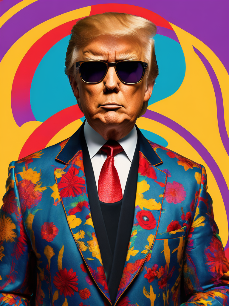 Donald Trump wearing a brightly patterned jacket and wayfarer glasses, Vivid saturated colors, Contrast color