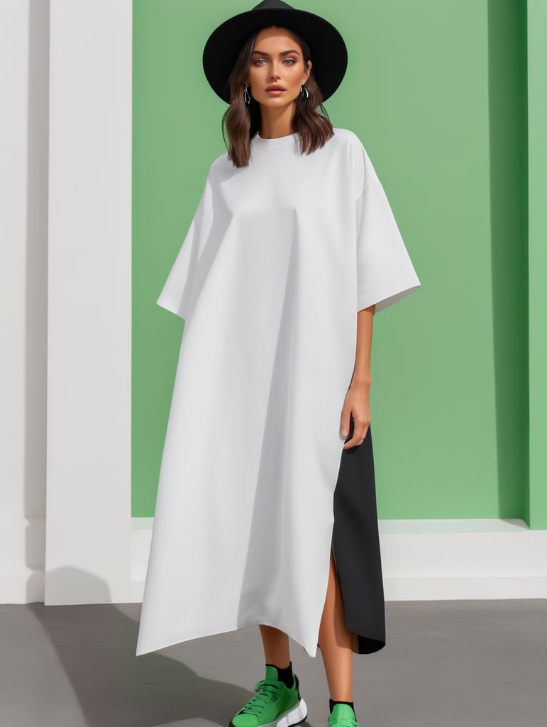 Minimalist dress with an oversized cut in black with subtle details in vibrant colors inspired by the work of Luis Barragan placed on a beautiful lady with green eyes with Streetwear black sneakers