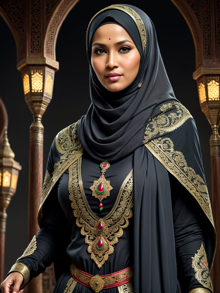 wanita muslim asia tenggara berusia 40 tahun menggunakan hijab dengan pakaian syari difoto seluruh badan