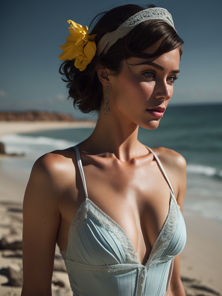 Portrait of a female pinup model in swimsuit on the beach