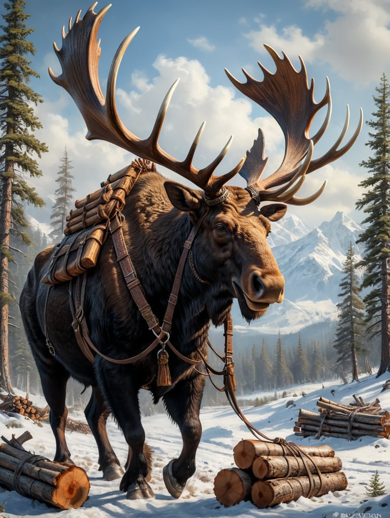 A large bull moose harnessed with leather straps hauling logs, profile view, simplified