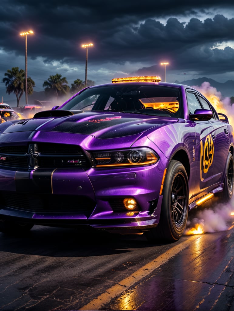 Souped up purple halloween dodge charger, drag racing death on a horse