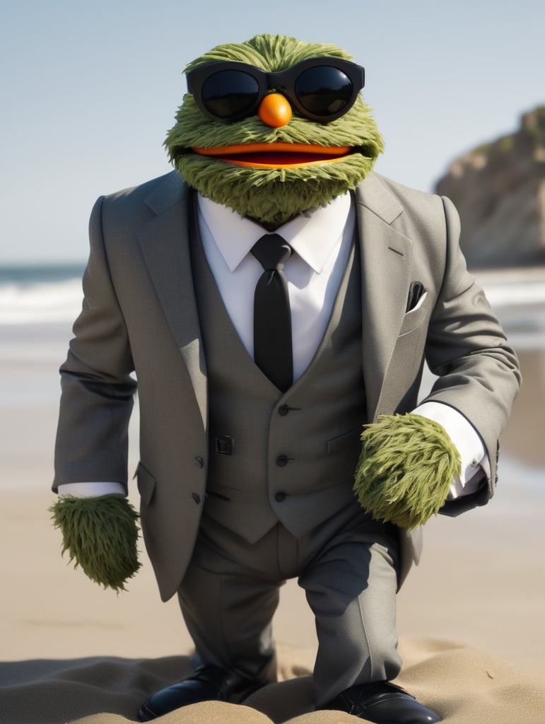 Photo realistic Oscar the Grouch in a suit on the beach