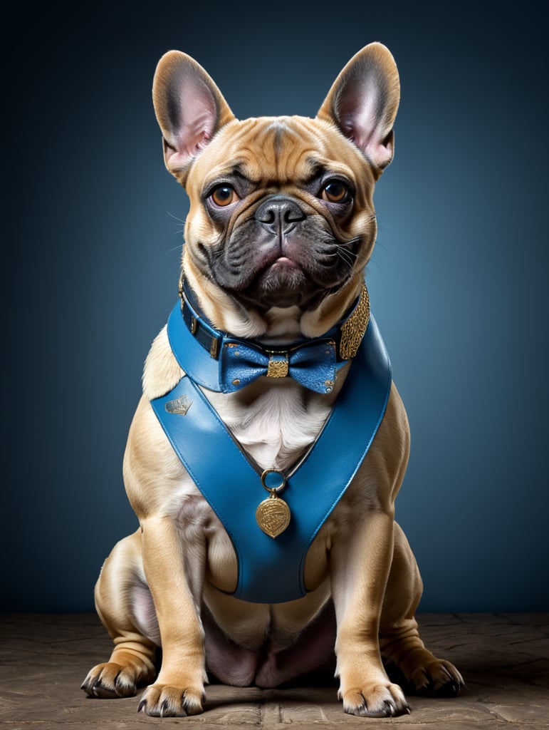 a french bulldog with blue tan color skin, sits. He is wearing a blue collar with the name Loki on it.