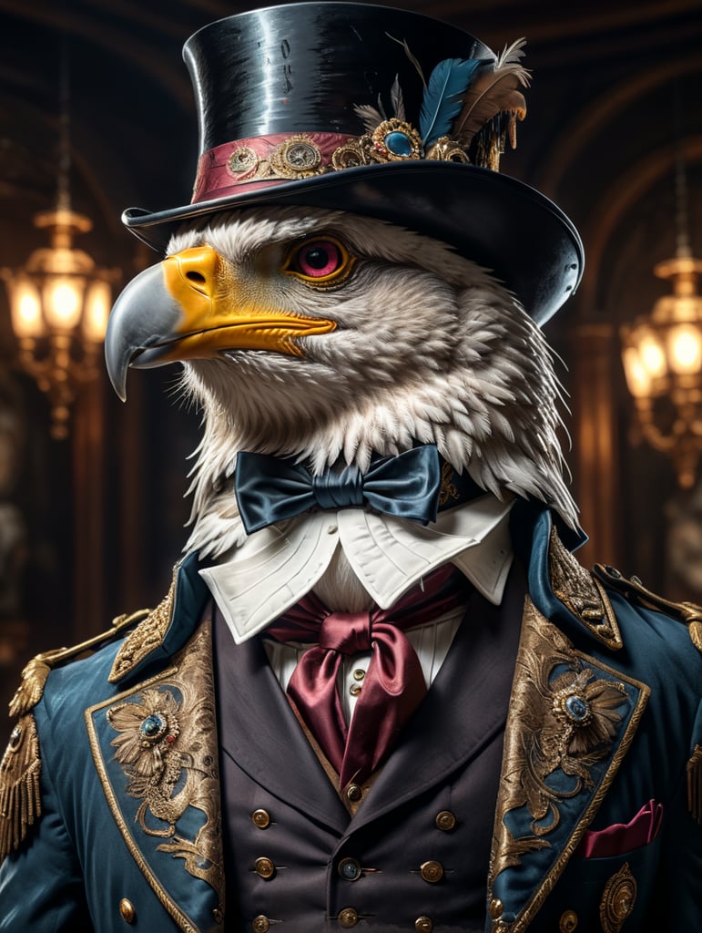 A distinguished eagle in a top hat and jacket