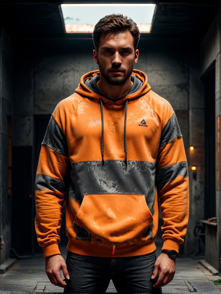 drop shoulder orange vintage washed hoodie without drawstrings blank mockup, laying on a concrete floor