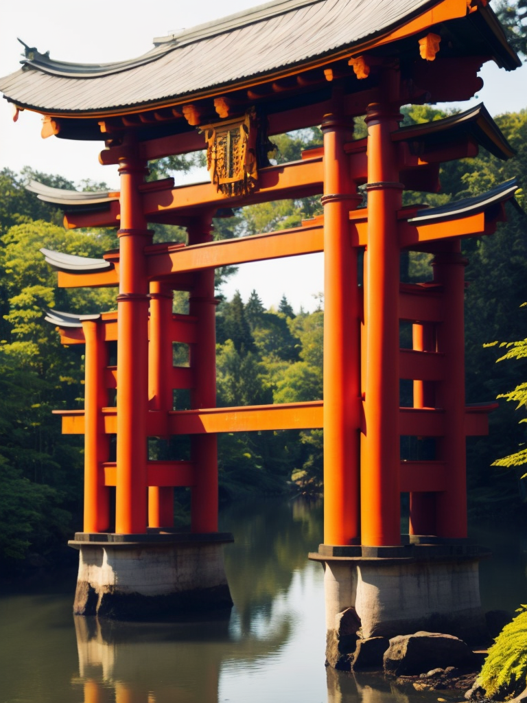 Red torii gate in middle of a lake, Dense forest on the edge of the lake, Bright and saturated colors, Japanese culture, photorealistic, contrast light