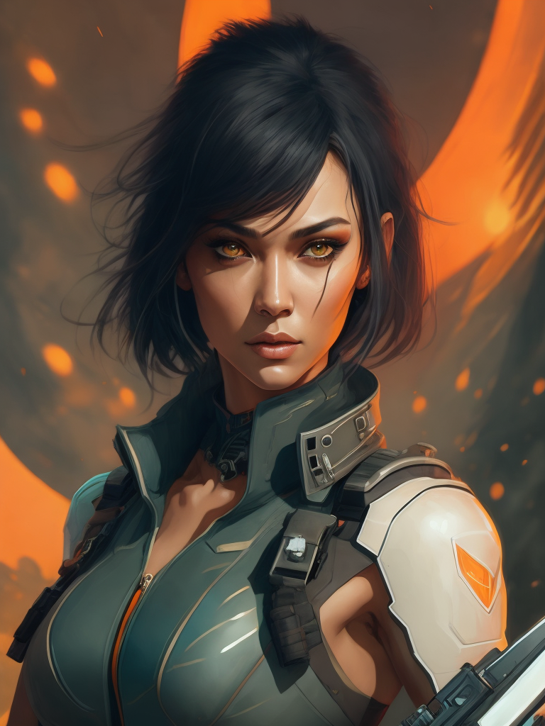 a woman in a futuristic suit holding a gun in her hand, looking at the camera, cyberpunk art, neo-figurative, anime