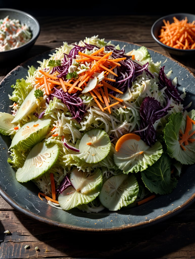 Coleslaw, small plate on a wooden table, Description: A classic side dish made from shredded cabbage and carrots, mixed with a creamy mayonnaise-based dressing or a tangy vinegar-based dressing, often served with barbecue and fried foods.