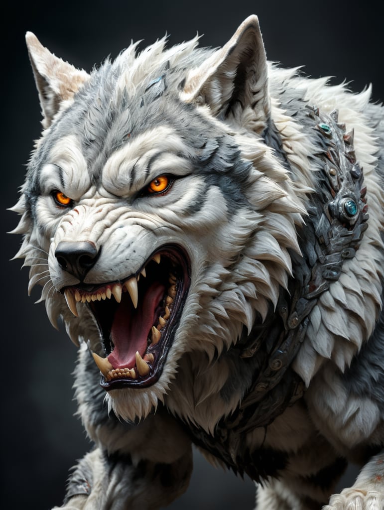 A highly muscular anthropomorphic wolf character, depicted from a side profile angle. The creature's physique is robust, with exaggerated muscles to convey impressive physical strength. This wolf is covered in dense, textured fur, painted in shades of grey and white. The creature's eyes are sharp and intelligent, suggesting a sentient creature with a strong personality. He ḿaintains a challenging expression, his mouth partially open revealing his sharp canines. He is poised in a strong and confident stance, ready for whatever may come his way.