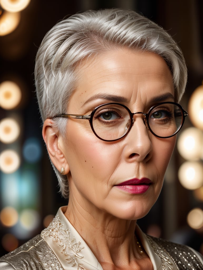 A portrait of a beautiful stylish older woman with white platinum short hair and big glasses, glamorous Hollywood portraits, highly realistic, daz3d, women designers, high resolution, very fashionable, colorful, dress as young woman