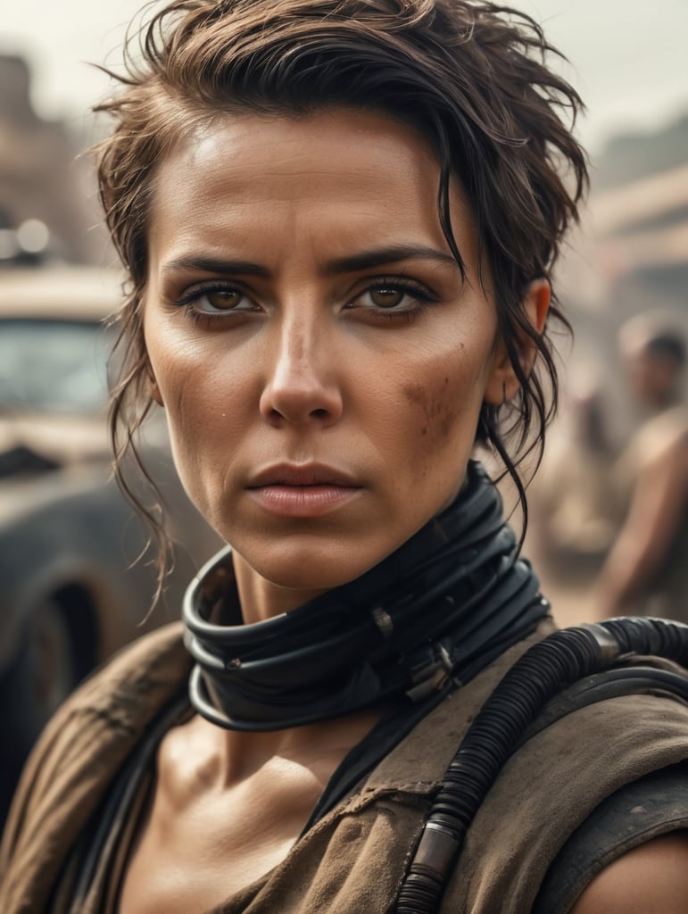 create an image where the protagonist is a woman, a dystopian theme in the style of mad max, with wes anderson as a reference.