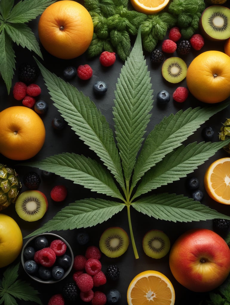Photorealistic cannabis leaf with 7 leaves surrounded by exotic fruit, berries, and vegetables