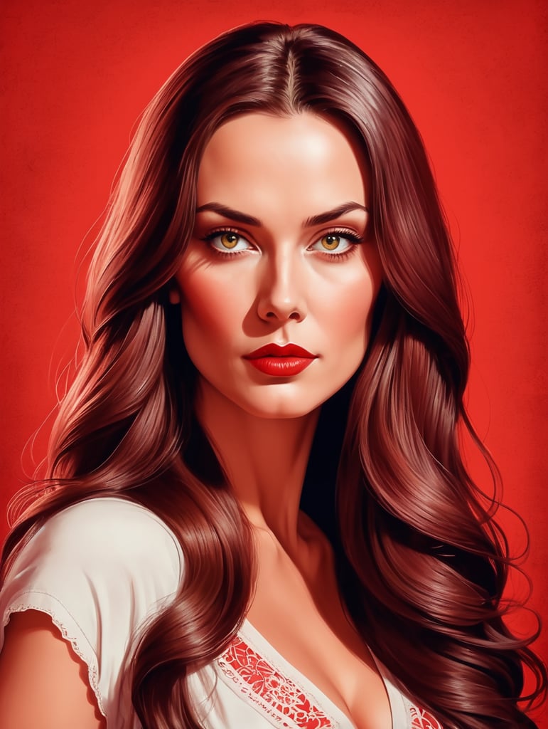 Kind beautiful mother with long hair, red background eye-catching poster-style drawing and illustration representing the iconic pulp style.