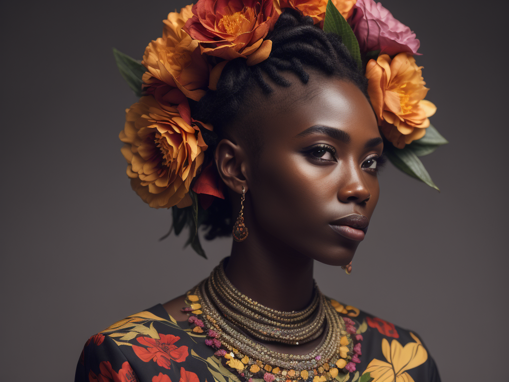 Pretty african girl with flowers in hair, fashion magazine, sharp focus,highly detailed,bright and saturated colors,elegant