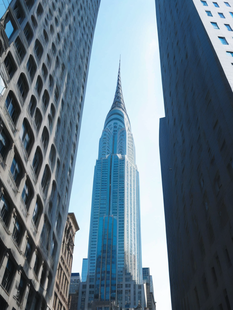 Chrysler Building, New York in the background, Blue sky, Vibrant colors, Deep colors, Contrast lighting, Sunny day, High detail, Sharp details