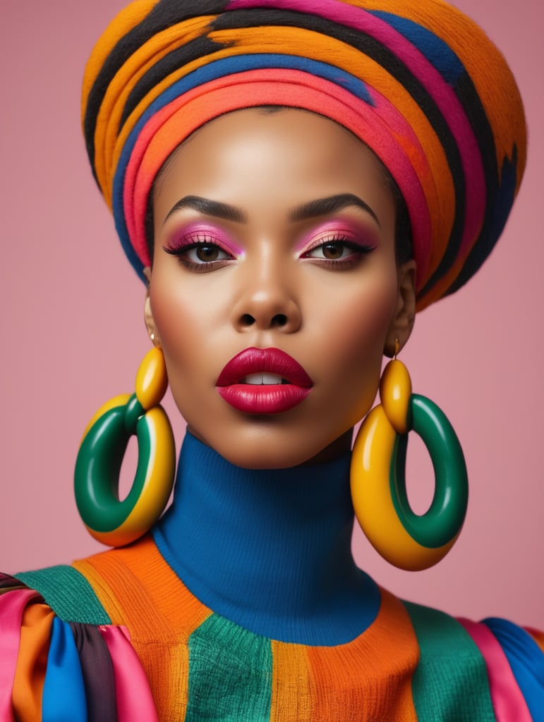 Portrait of a black woman with big lips, bright colors, studio photo, fashion photo, Aida Muluneh style image