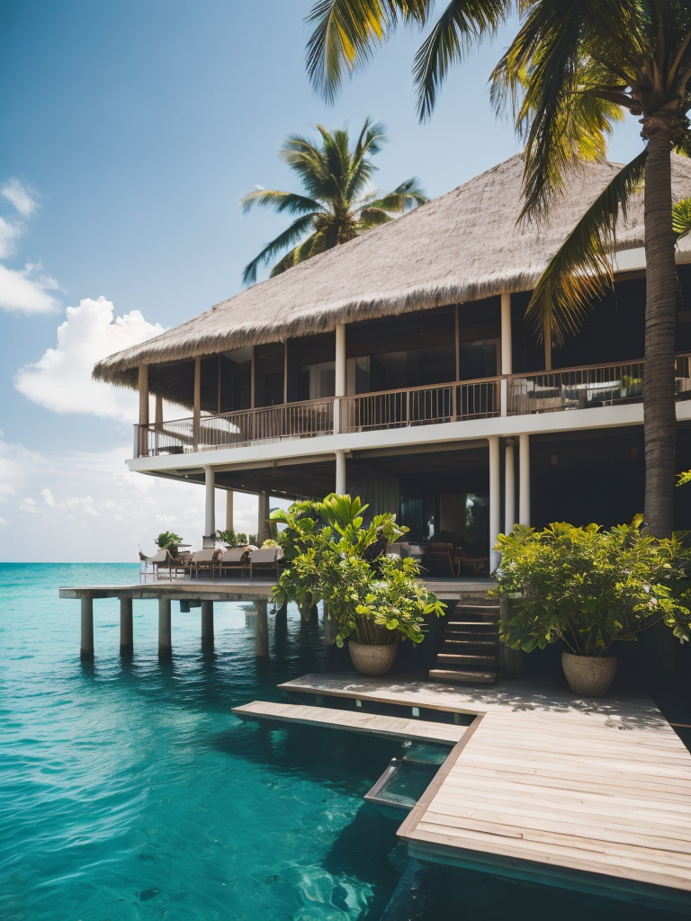 Over water villa in the maledives with the sun shining and some palms