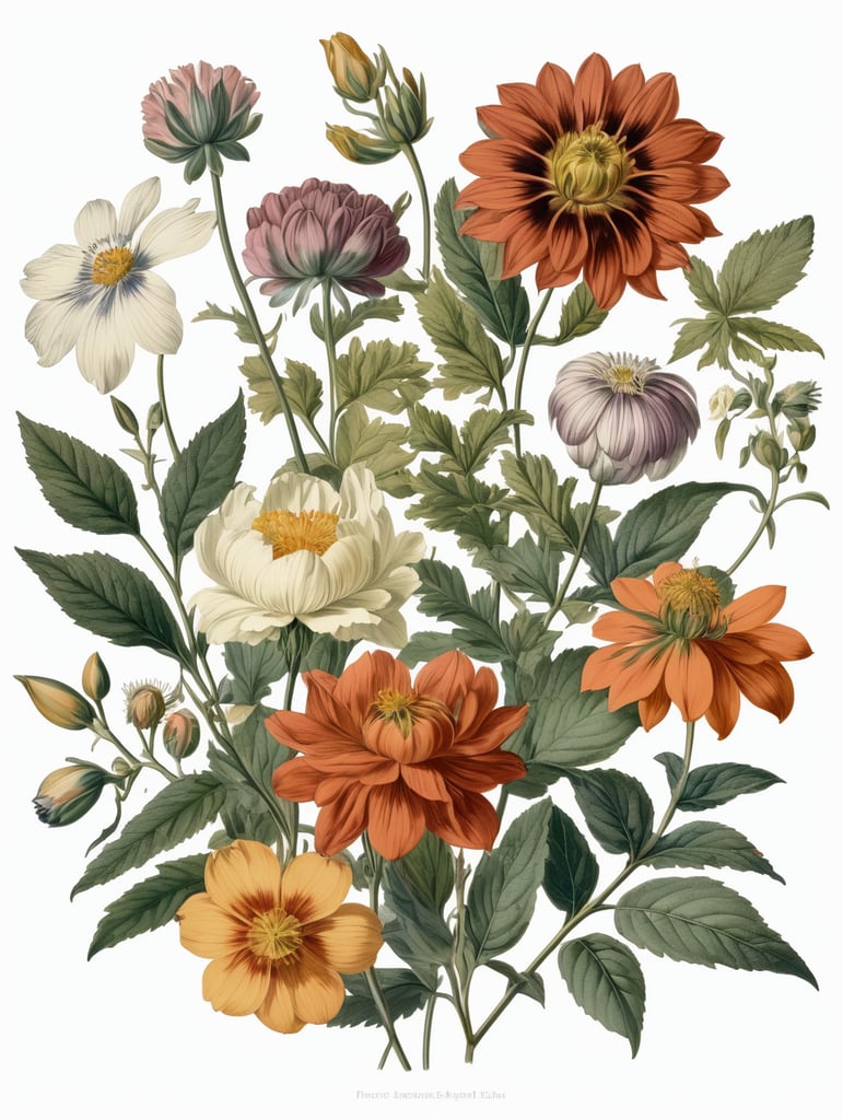different types of psychedelic flowers, botanical illustration, white background, style of Pierre-Joseph Redoute