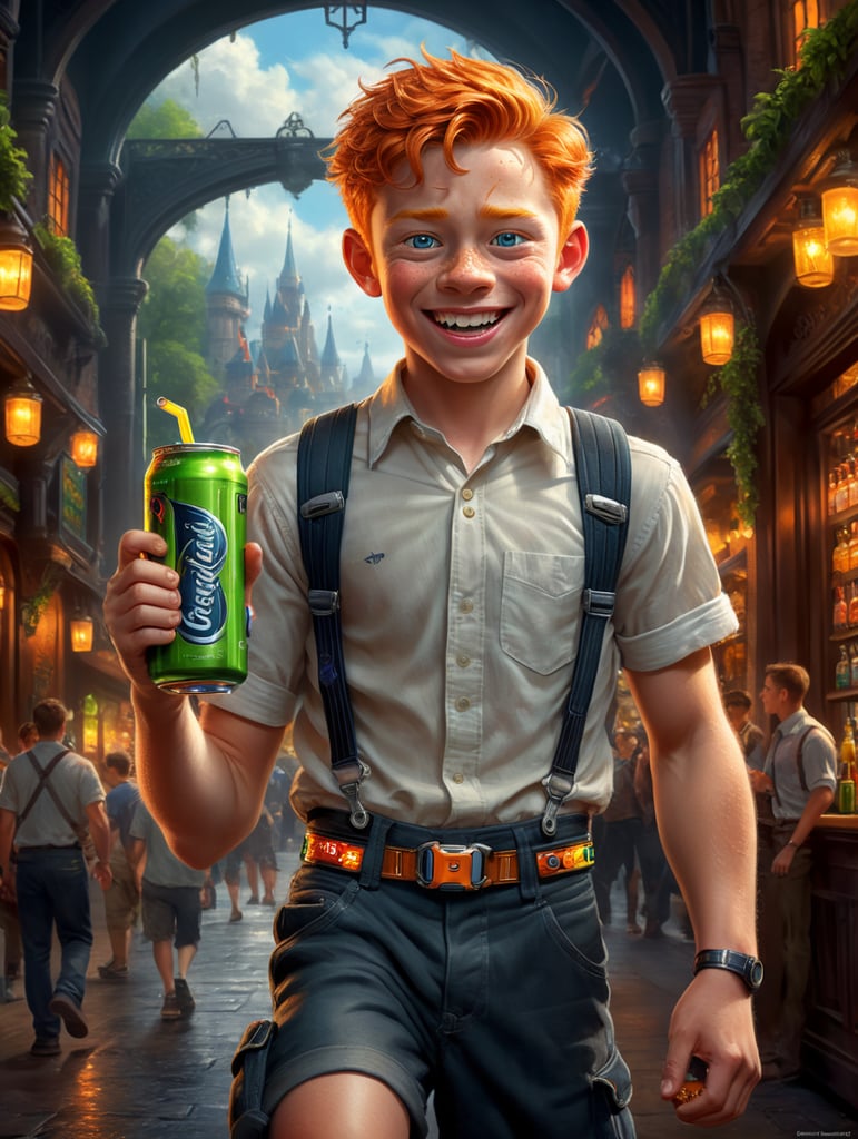 Disney Pixar-style young ginger boy with braces and energy drink in hand, digital art, full body
