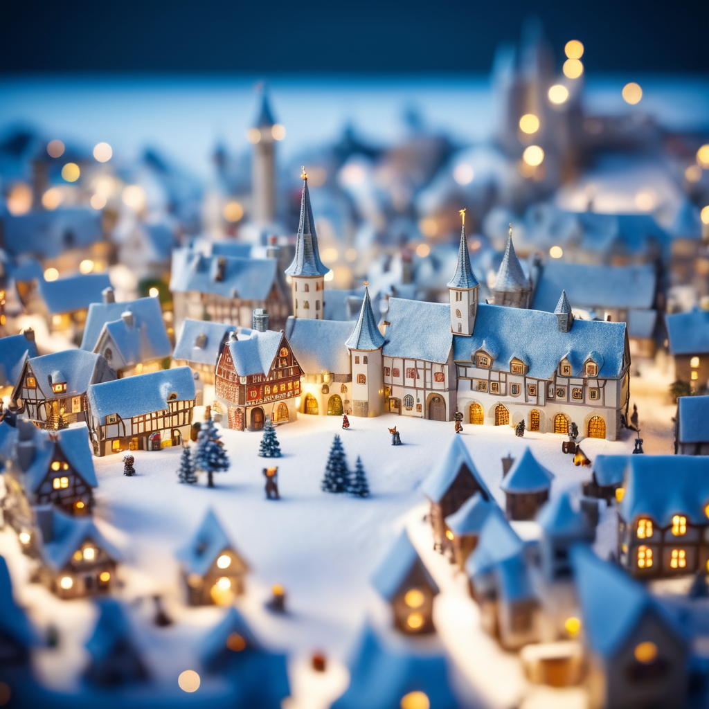 tilt shift photography of a Christmas medieval fantasy miniature city, depth of view, sunny, at night, snowy weather
