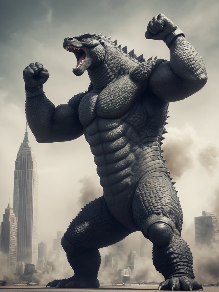 Godzilla in a boxing match flexing his muscles after winning a boxing match