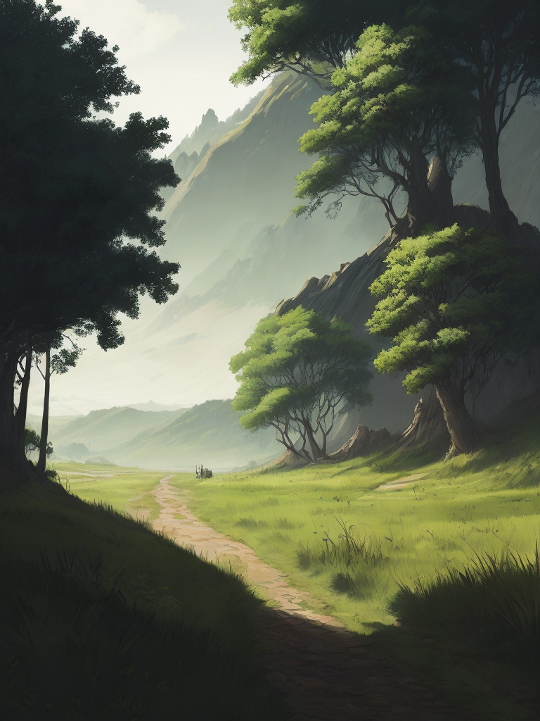 a beautiful fantasy landscape with a dirt road going through a green countryside, digital painting by Noah Bradley