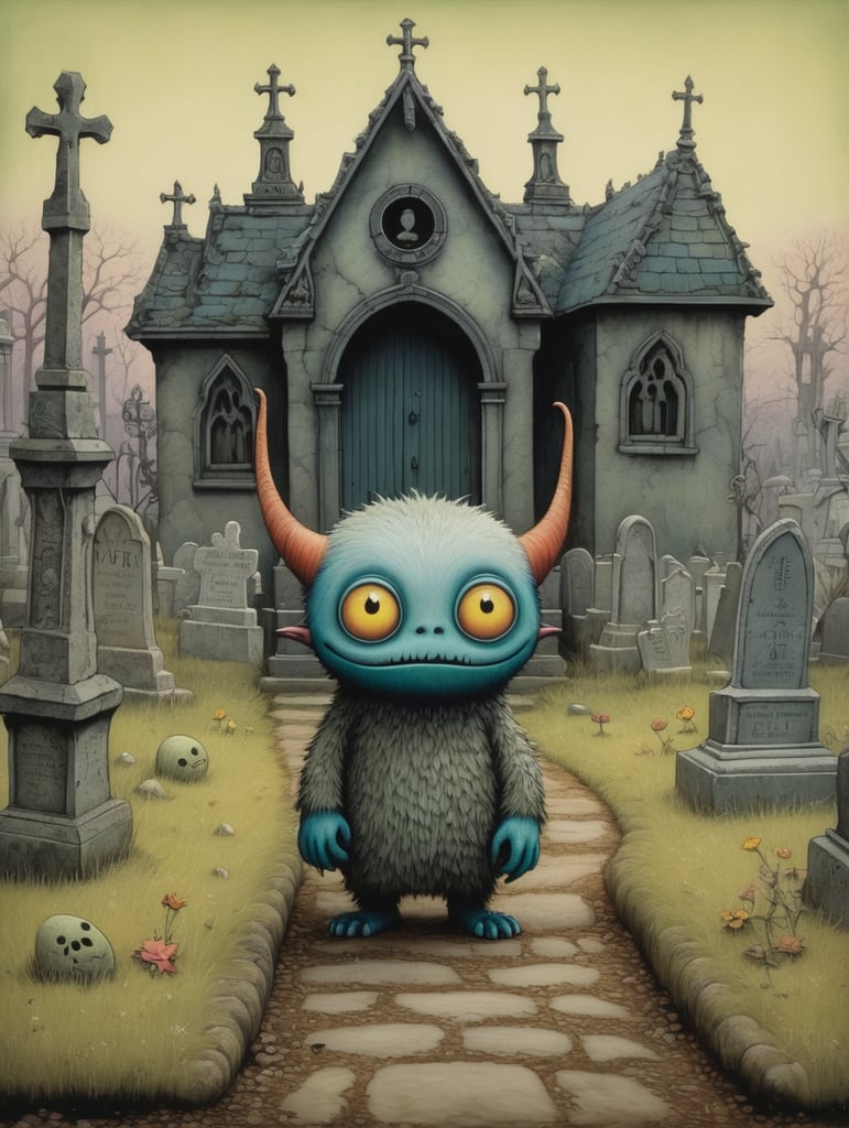 John Kenn Mortensen style ground level shot, incredibly detailed front shot painting of a cute whimsical monster in a graveyard,colorful