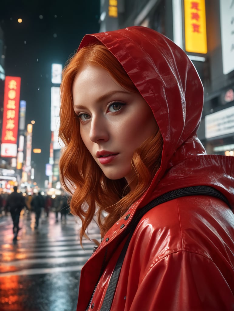 8k photo portrait of a redhead woman in a red raincoat, looking at the camera, at a bustling crosswalk in shibuya at night, highly detailed, vibrant, production cinematic, reflections on wet street, 8k, film grain, 70mm, portra 800