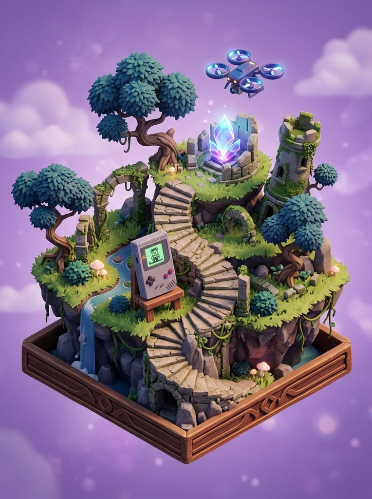 Isometric 3D diorama, floating grassy island, retro handheld console, spiraling stone path, glowing crystal, hovering drone, stone ruins, stylized trees, purple background, soft lighting