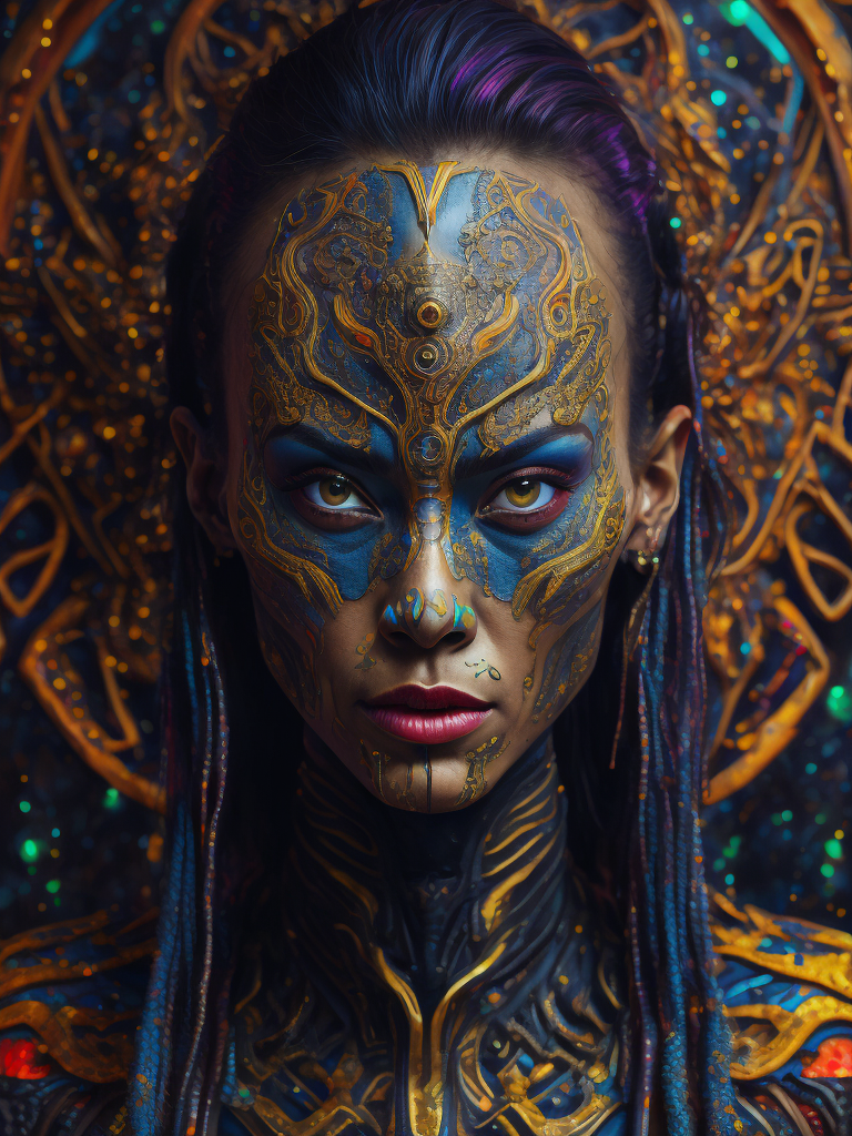 Portrait of an alien, batik, intricate details, surreal, Alien, Cyberpunk Trashcore Style, s 1000, Bright, saturated colors, elegant, highly detailed, fashion, fashion magazine, sharp focus, bright expressive makeup, dramatic lighting, shallow depth of field, incredibly high detailed blurred background, professional digital painting, concept art. s 1000